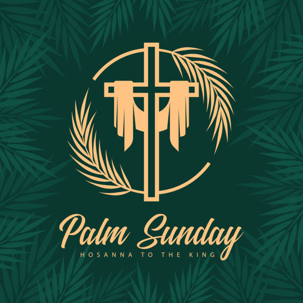 Palm sunday - gold cross crucifix sign with two plam leaves circle around on dark green palm leaves texture frame and background vector design Palm sunday - gold cross crucifix sign with two plam leaves circle around on dark green palm leaves texture frame and background vector design lent season stock illustrations