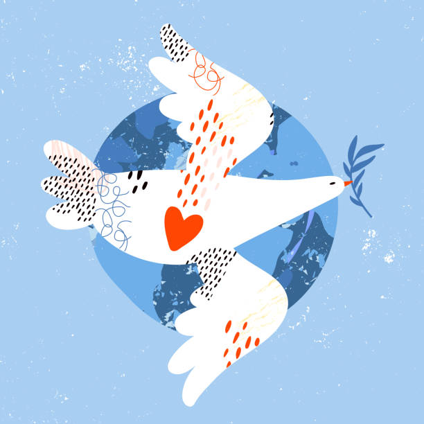 White peace dove with a red heart carries an olive branch in its beak. Bird flies against the background of the globe. Pigeon international symbol of peace. Hand drawn vector illustration, poster White peace dove with a red heart carries an olive branch in its beak. Bird flies against the background of the globe. Pigeon international symbol of peace. Hand drawn vector illustration, poster dove earth globe symbols of peace stock illustrations