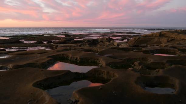 istock Eroded tide pool rock formation in California. Sunset sky reflection in water. 1382134670