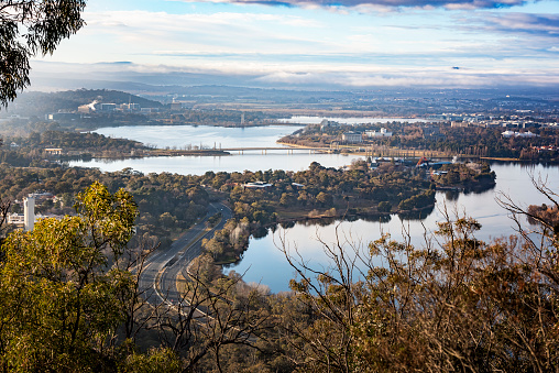 Morning scene of Lake Burley Griffin, Canberra, Australia.