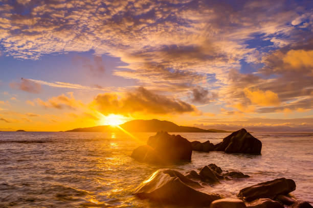 istock Sunrise scape along coastline in La Digue 1382143870