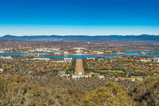 Beautiful landscape of Canberra, from Mount Ainslie towards the Parliament House Canberra, Australia.