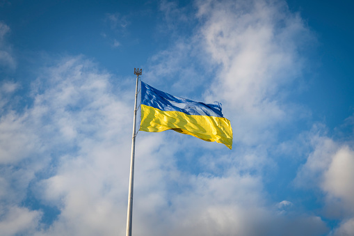 The large Ukrainian flag that flies near the Motherland Monument in Kyiv, Ukraine, photographed on February 22, 2022.