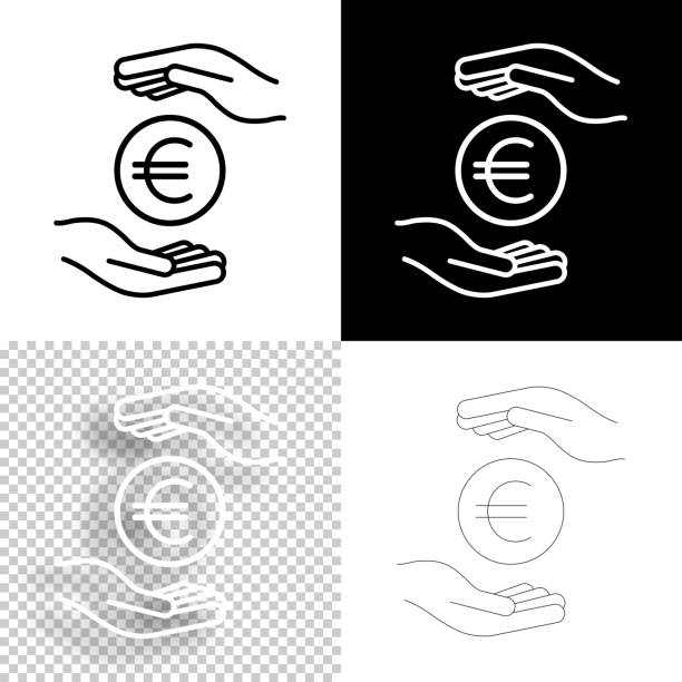 ilustrações de stock, clip art, desenhos animados e ícones de euro coin between hands. icon for design. blank, white and black backgrounds - line icon - human hand on black