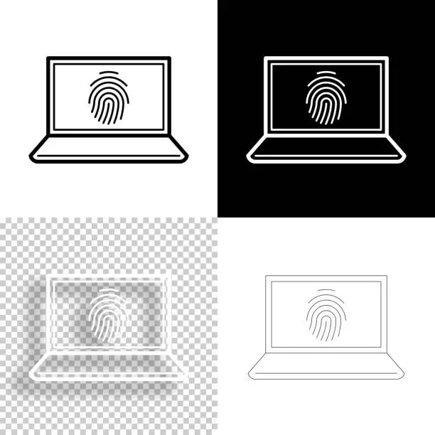 Vector illustration of Laptop with fingerprint. Icon for design. Blank, white and black backgrounds - Line icon