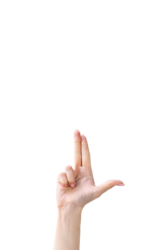 Finger gun. Shooting gesture. Aiming sign. Female hand showing pointing up at invisible content isolated on white copy space advertising background.