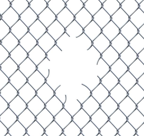 Ripped fence rabitz chain link seamless pattern Ripped fence rabitz chain link seamless pattern. Vector background of metal wire mesh, steel grid or net with hole and wire cuts in the center, broken security fence or safety border, freedom concept damaged fence stock illustrations