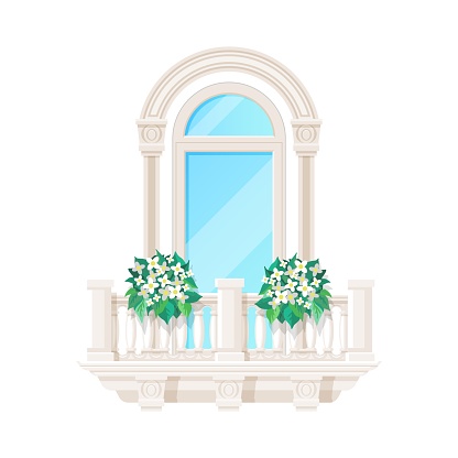 Balcony window with fence railing or banister, building architecture, vector. House balcony porch with flowers, classic old apartment vintage arch window and white stone marble fence banister