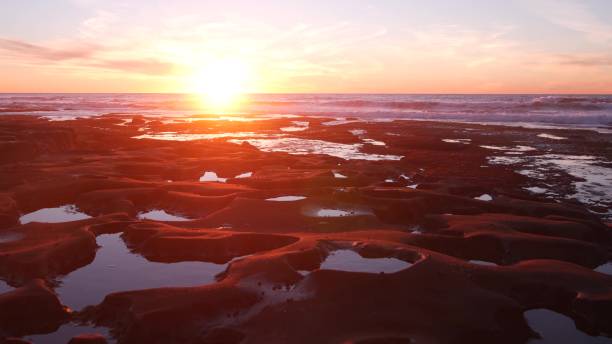 istock Eroded tide pool rock formation in California. Littoral intertidal zone, sunset. 1382162348