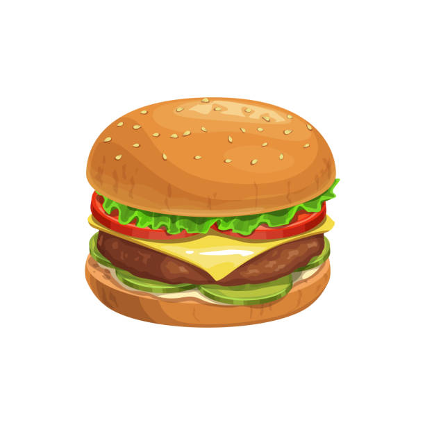 치즈버거 버거, 패스트푸드 샌드위치 메뉴 아이콘 - hamburger bun barbecue sign stock illustrations