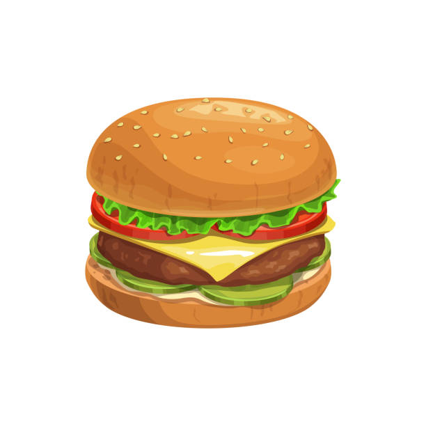 cheeseburger burger, fast food sandwich menu - hamburger bun barbecue sign stock illustrations