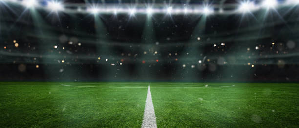 textured soccer game field with neon fog - center, midfield, 3D Illustration stock photo