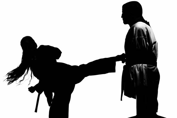 Martial artist kicking a training mannequin.
