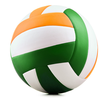 Gold volleyball ball on white background. Front view. Horizontal composition with clipping path and copy space. Volleyball concept.