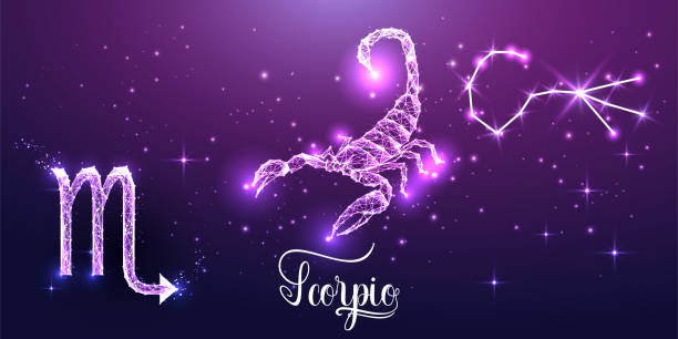 Futuristic Scorpio zodiac sign on dark purple background. Glowing low polygonal design vector. Futuristic Scorpio zodiac sign concept with glowing low polygonal Scorpion zodiac figure, zodiac sign, constellation an text isolated on dark purple background. Modern design vector illustration. scorpio stock illustrations