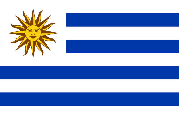 nationalflagge der orientalischen republik uruguay, vier horizontale blaue streifen mit der oberen hebebühne, die die sonne des mai in der mitte über einer weißen leinwand trägt - oriental republic of uraguay stock-grafiken, -clipart, -cartoons und -symbole