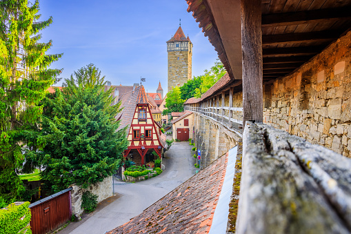 Rothenburg ob der Tauber, Bavaria, Germany. Medieval town wall and tower.