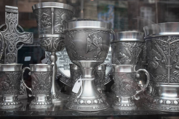 Dublin, Ireland - Feb 9th, 2020: Silver tankards and globets. Typical Irish crafts, Dublin, Ireland