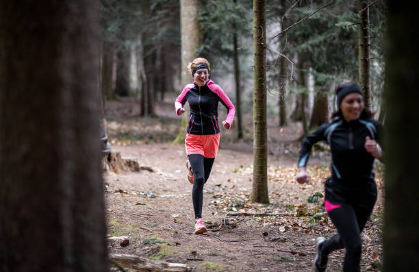 istock Two friends exercising in the forest 1382188011