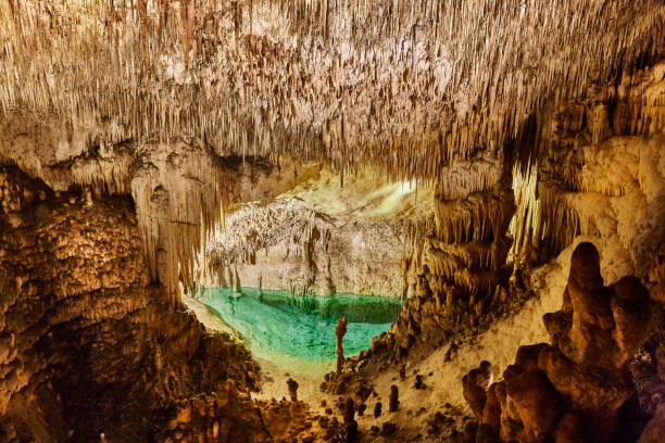 бирюзовые воды в пещере. куэвас дель драч. майорка, испания - stalactite стоковые фото и изображения