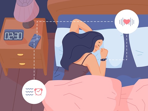 Woman sleep in gadgets. Fitness tracker mobile application, analysis heart in sleeping, sleepo girl smart watch, vector illustration. Tracker heartbeat and sleeping diagnostic