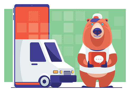 courier bear holding message icon and standing beside smartphone