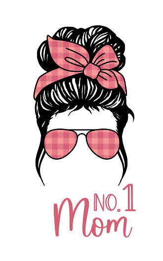 Messy bun Mom no.1 festive template for mothers day with buffalo plaid print