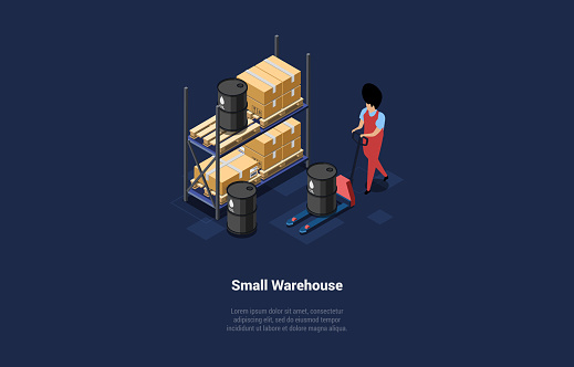 Vector Illustration On Small Warehouse Concept. Isometric 3D Composition In Cartoon Style. Worker In Uniform With Oil Barrel. Shelf Loaded With Cardboard Boxes. Product Storage And Trade Business.