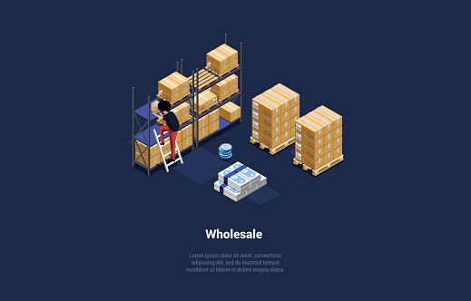 Vector Illustration On Warehouse Wholesale Trade Concept. Isometric 3D Composition In Cartoon Style. Storage Of Goods And Products For Sale. Cardboard Boxes And Parcels, Character, Money Elements.