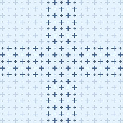 Plus sign made of plus shapes in two sizes, blue grid pattern