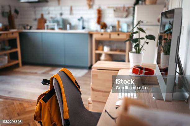 Desktop Computer On Desk At Home Stock Photo - Download Image Now - Domestic Life, Absence, Office
