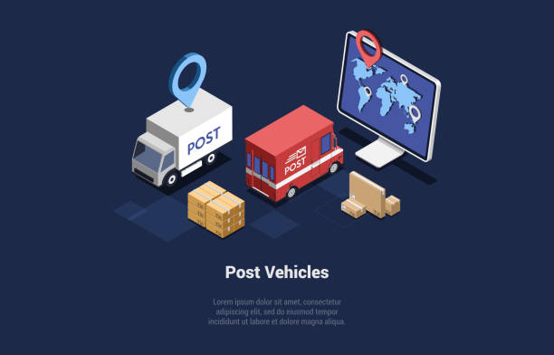 ilustrações de stock, clip art, desenhos animados e ícones de vector illustration on post office building and vehicles concept. isometric 3d composition in cartoon style. dark background and writing. truck, cardboard boxes, computer monitor with map and location - mail van