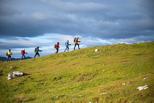 Group of hikers with hiking poles walking on grassy mountain against cloudy sky.