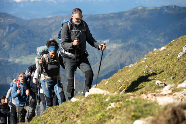 istock Group of hikers walking on footpath 1382216299