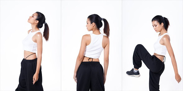 Collage Group half body Figure snap of 20s Asian Indian Arab Woman black hair vast pants and sneaker shoes. Female stands dance jump as modern contemporary over white Background isolated