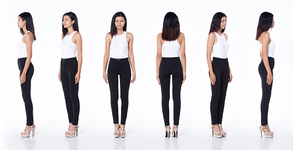 Collage group pack of Full Length body Snap Figure Indian Arab casual Woman Stand in black short hair pants and sneaker shoes, white background isolated, Female stands turns around rear side back view