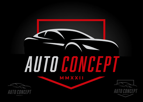 Auto sports car icon design concept. Supercar silhouette sign. Motor vehicle dealership showroom badge. Automotive performance garage workshop symbol. Vector illustration.