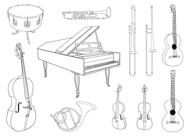 Vector illustration of Simple drawings of various musical instruments: drum, trumpet, trombone, guitar, cello, piano, french horn, violin