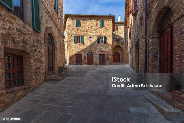 Large Brick Stone Walls Of The Medieval Buildings Of Monticchiello City In Tuscany Val Dorcia Italy Stock Photo - Download Image Now