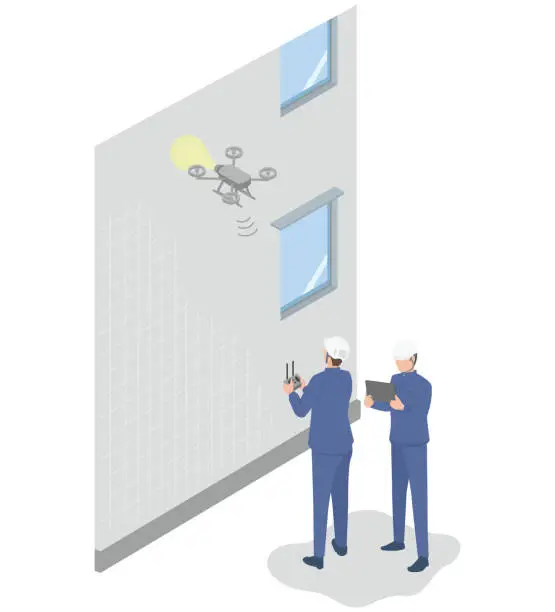 Vector illustration of Isometric illustration of a contractor who conducts a drone inspection of the outer wall of a building or condominium