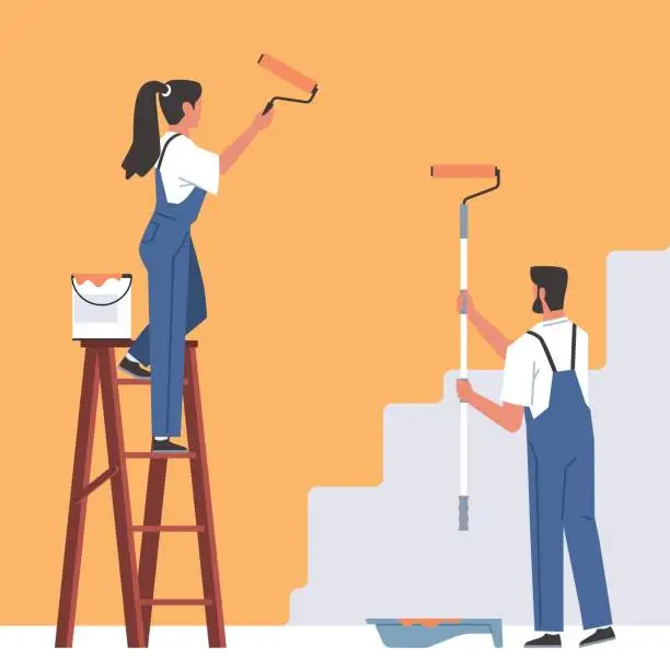 Vector illustration of Painters paints wall. Professional decorators making renovation, change surface color, construction repairs finishing works, craftsman man and woman with roller, vector concept