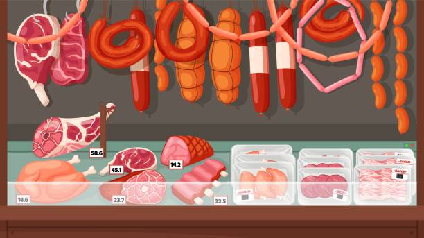 illustrations, cliparts, dessins animés et icônes de vitrine de boucherie. produits agricoles frais, étagères du marché, différentes variétés de viande, magasin gastronomique, saucisses et jambons, récipients d’emballage sous vide avec concept vectoriel semi-fini - butcher butchers shop meat store