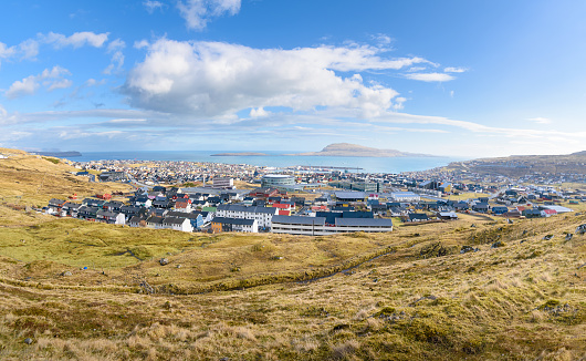 Tórshavn, Streymoy, Faroe Islands  - March 5, 2022; Panoramic view of Tórshavn and Nólsoy.