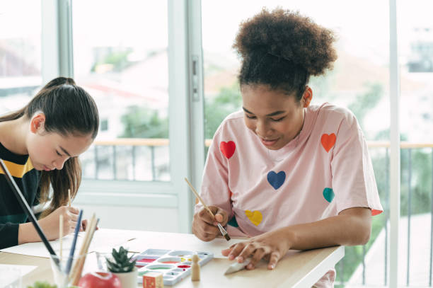 istock Students girl learning art in the classroom with friend 1382262499