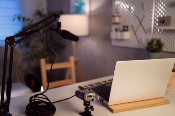 istock Modern home music studio, with laptop, recorder and microphone 1382264212