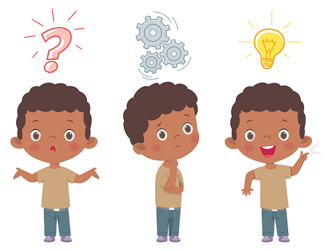 African Cute child thinking. Thoughtful boy, confused boy, and boy with illustrated bulb above his head stock illustration