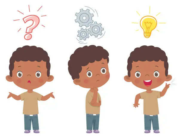 Vector illustration of African Cute child thinking. Thoughtful boy, confused boy, and boy with illustrated bulb above his head stock illustration