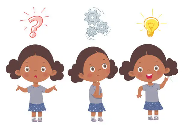 Vector illustration of African Cute child thinking. Thoughtful Girl, confused Girl, and girl with illustrated bulb above his head stock illustration