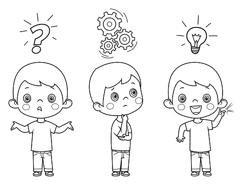 Vector Black And White, Cute little kid boy thinking and searching idea process