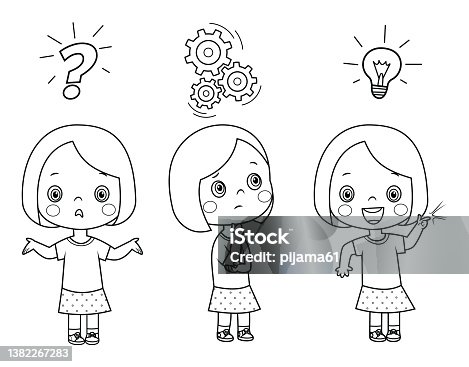 istock Black And White, Cute little kid girl thinking and searching idea process 1382267283